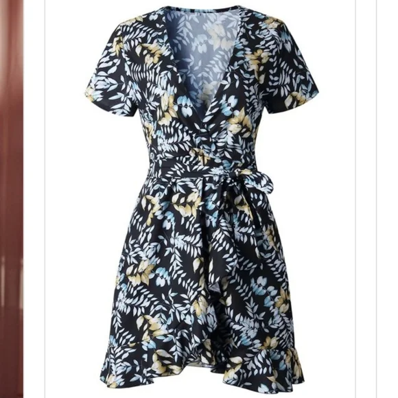 Gypsy Love Wrap Mini Dress Ruffle Boho Black - Picture 4 of 8